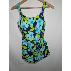 Christina Vtg Womens Blue Floral Swimsuit 14 Full Coverage Built In Cups Modest